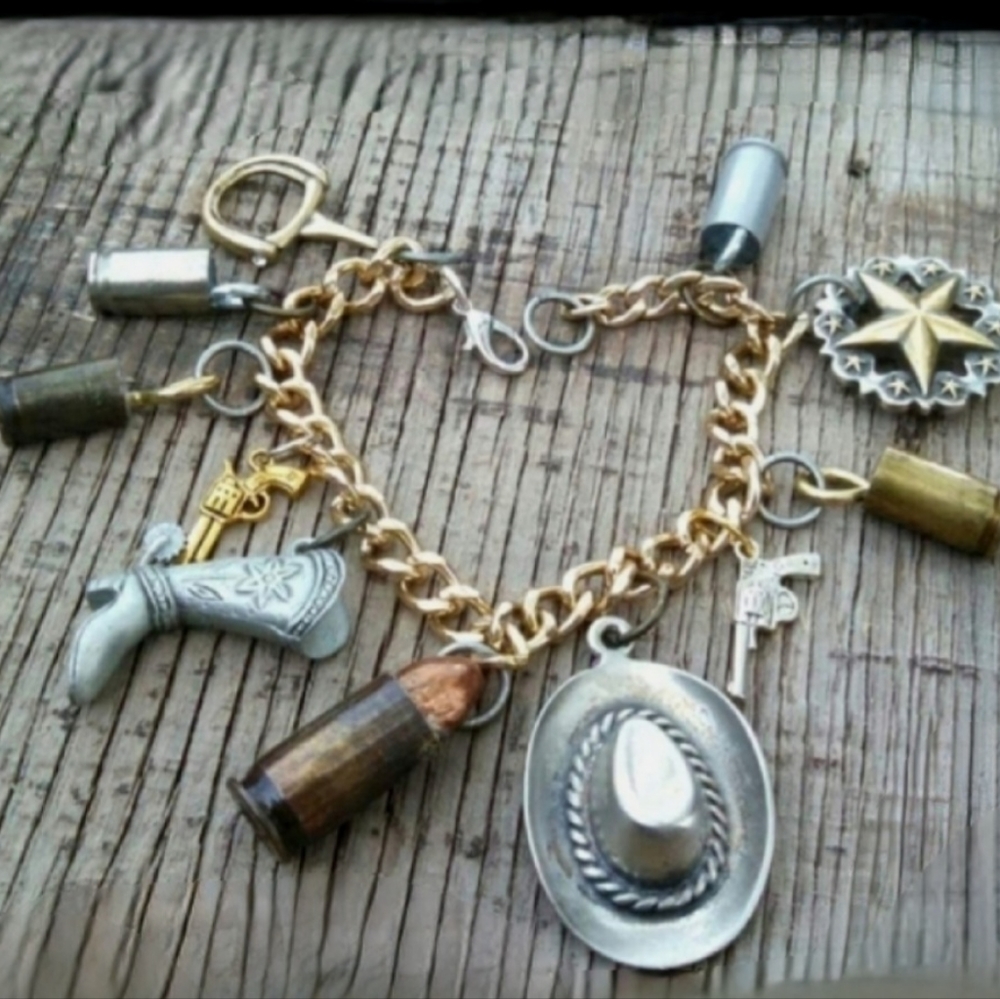 45 caliber bullet casing brass silver western cowgirl charm ammo bracelet NWT